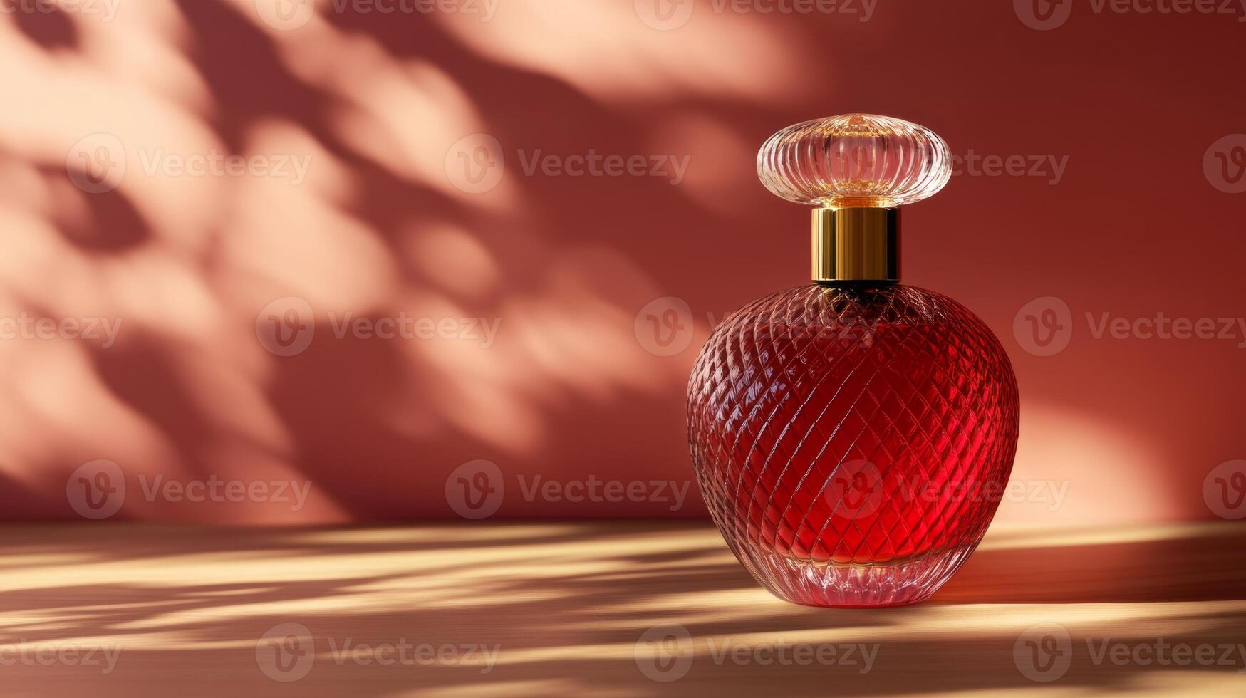 Luxurious isolated perfume bottle with rich fragrance on warm surface and soft shadow play photo
