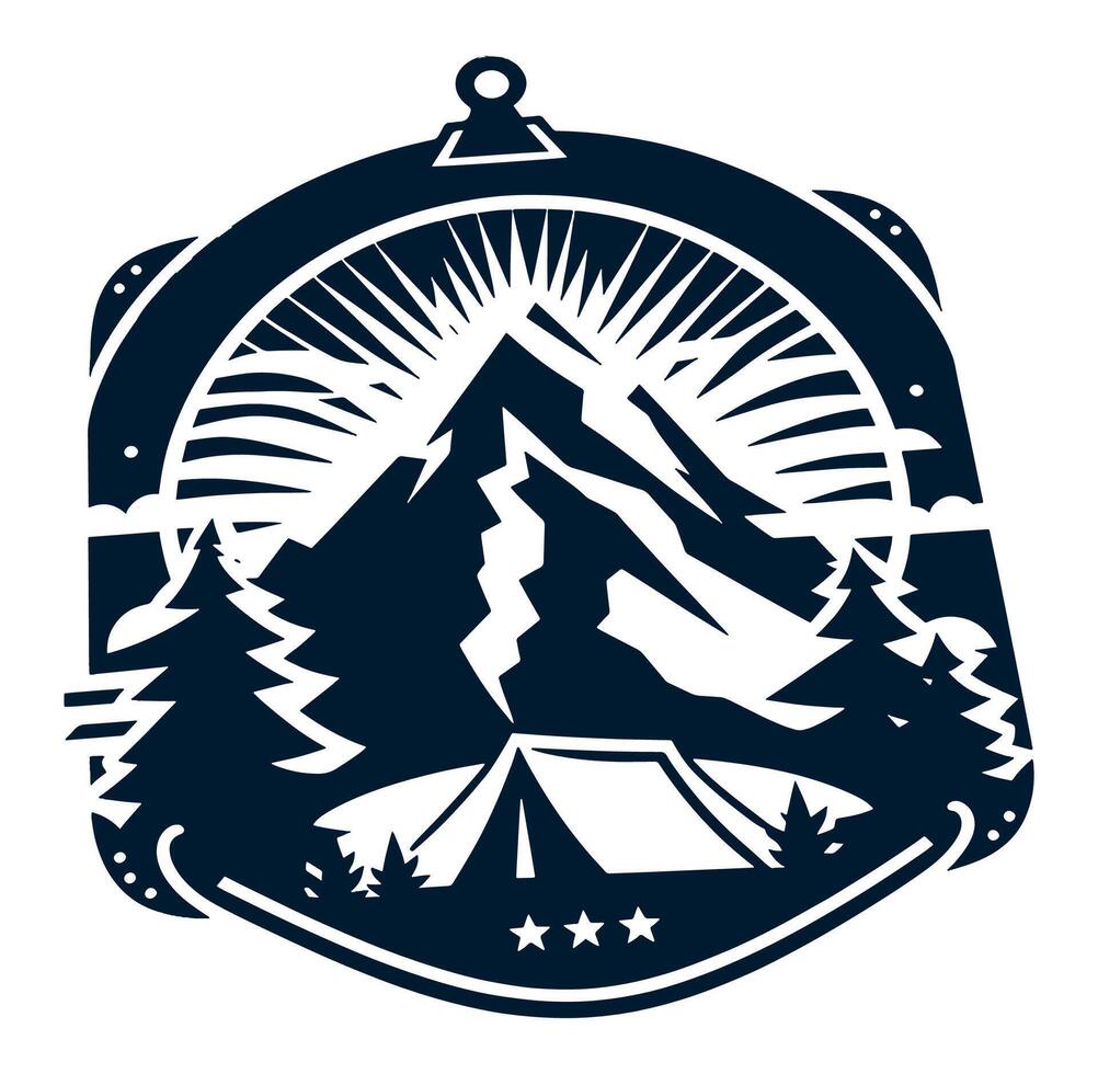 Camping and hiking emblem with mountains and tent vector