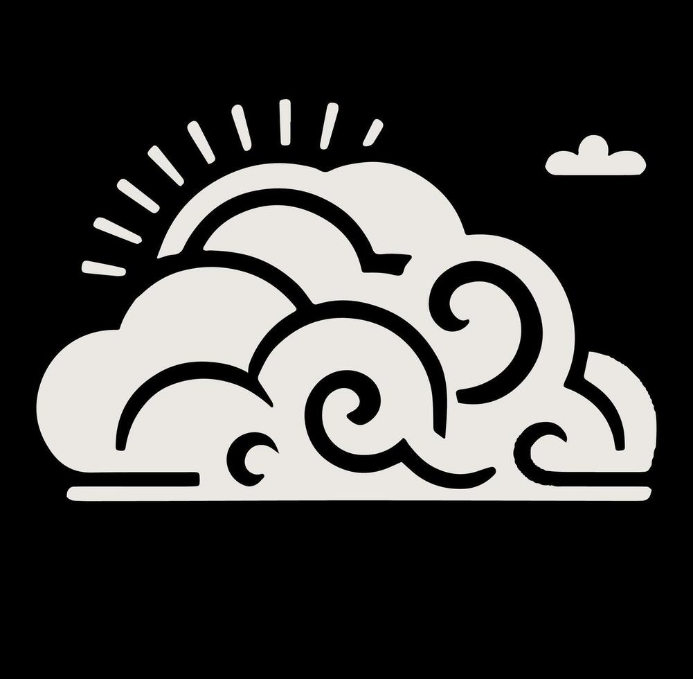 Black and white illustration of a cloud with a sun vector