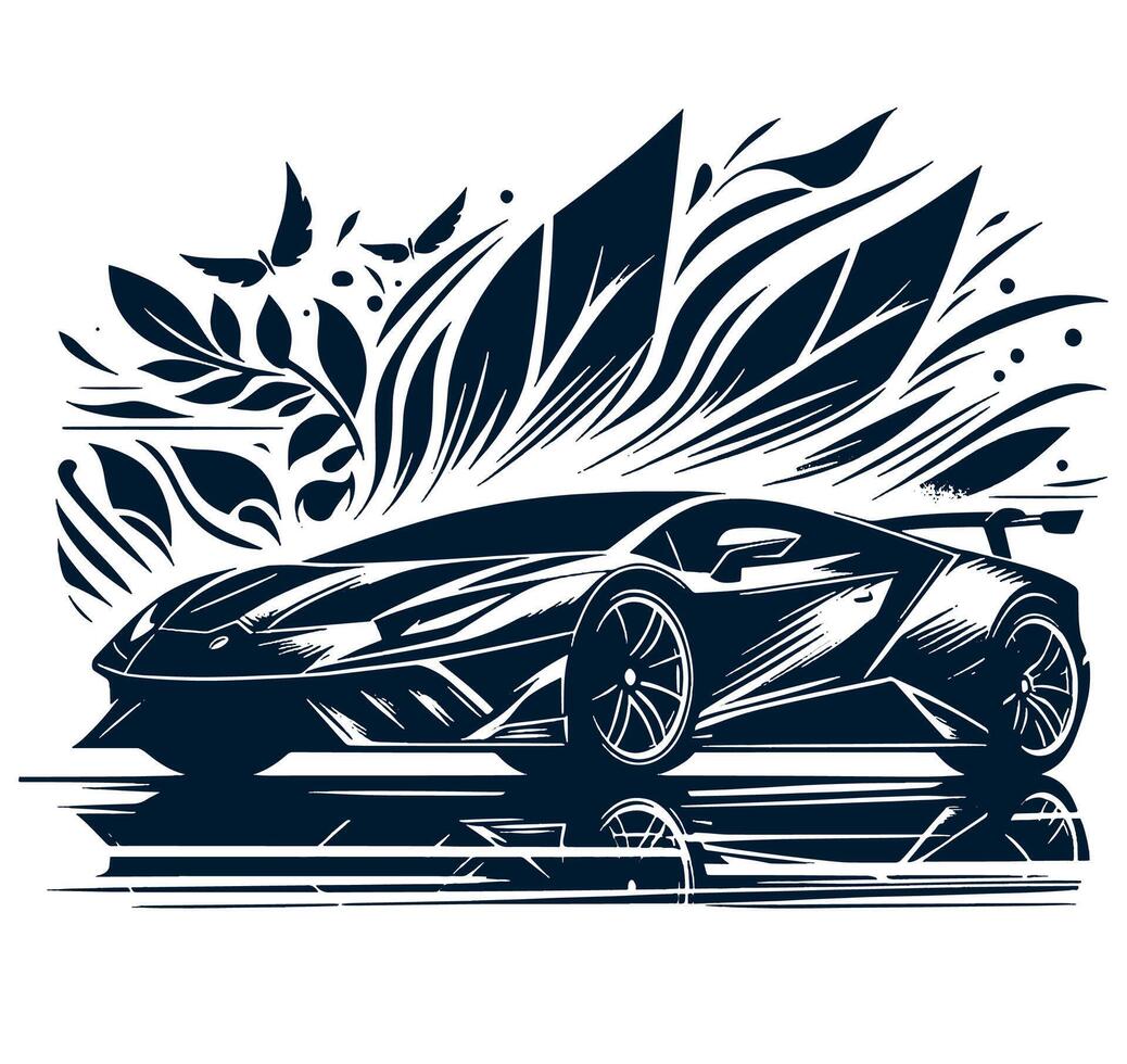 Black and white illustration of a futuristic sports car vector