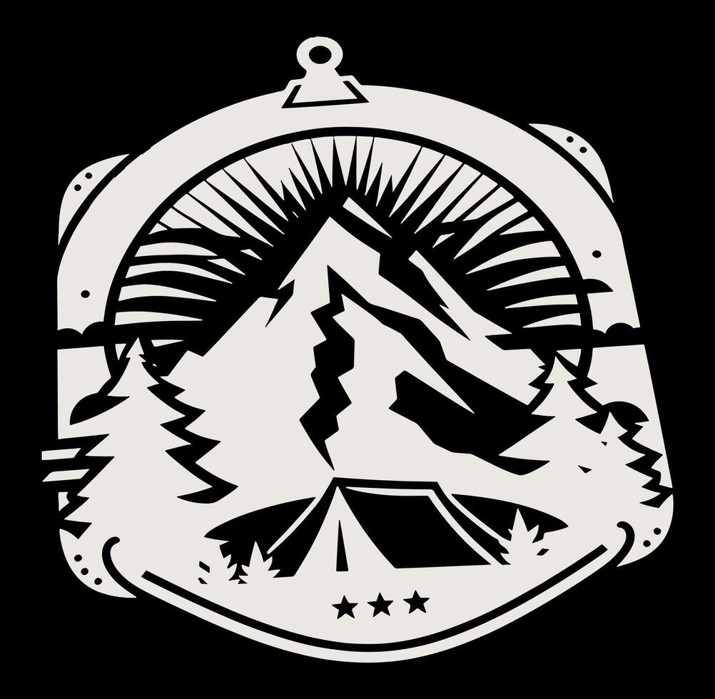 A logo for a camping trip with a tent and mountains vector