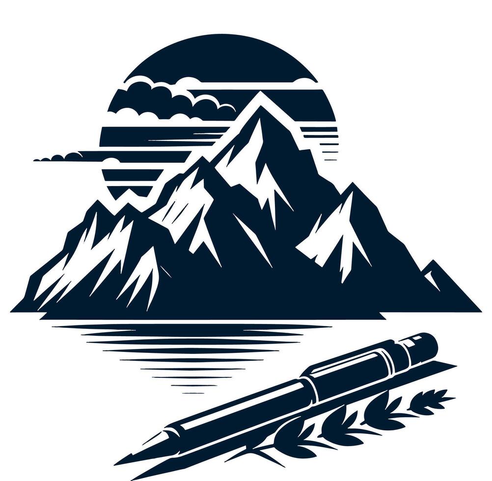 Pen and mountain with clouds and sun vector