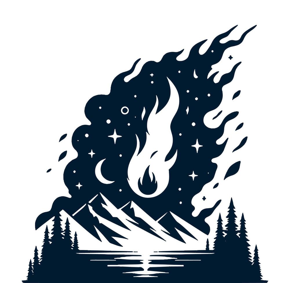 A silhouette of a mountain with a fire and stars vector