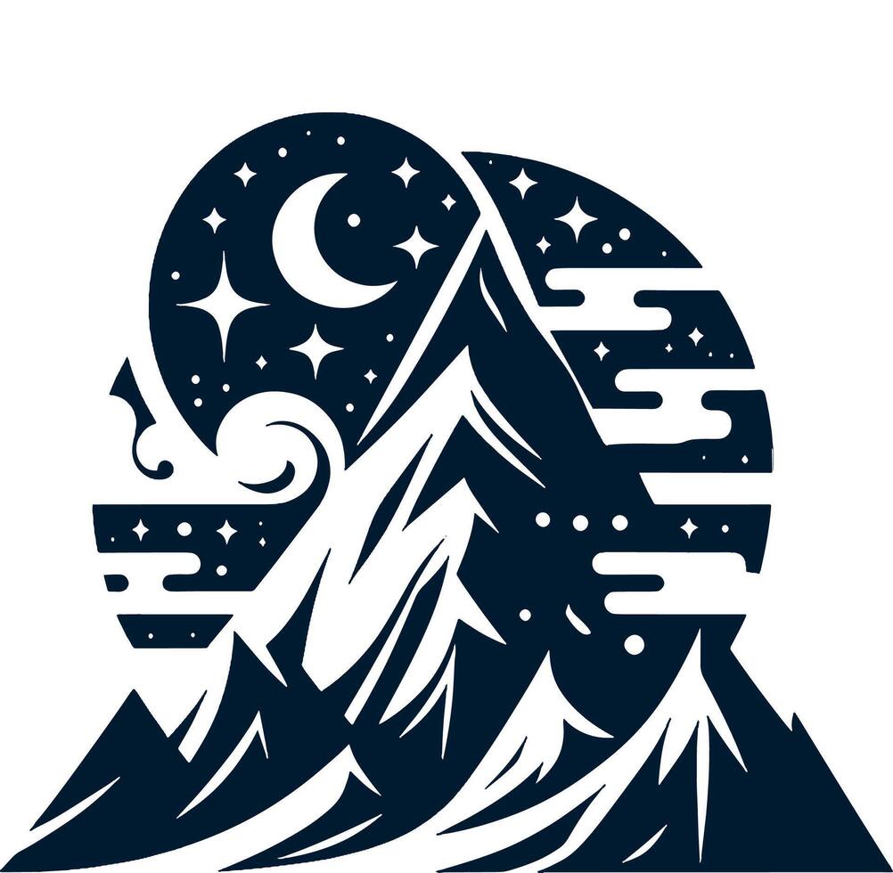 Mountain with stars and moon in the sky vector
