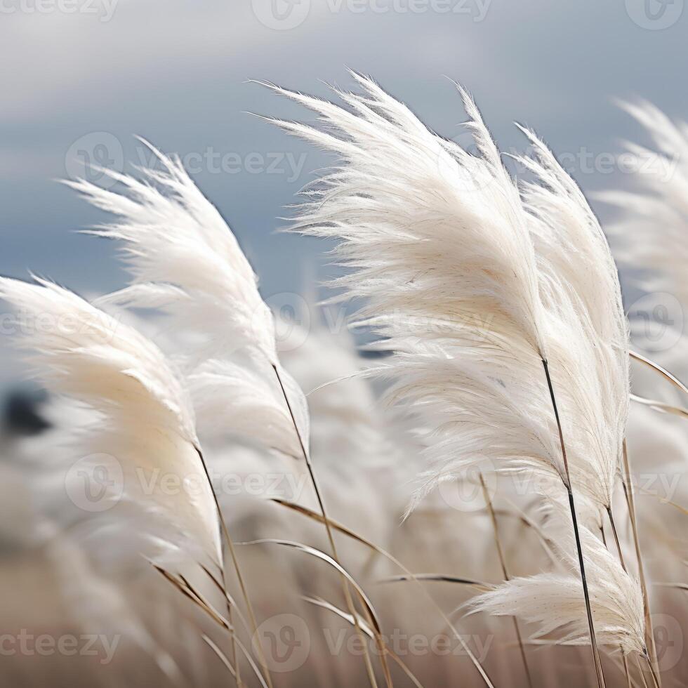 Abstract natural background of soft plants Cortaderia selloana. Pampas grass on a blurry bokeh, Dry reeds boho style. Fluffy stems of tall grass. photo