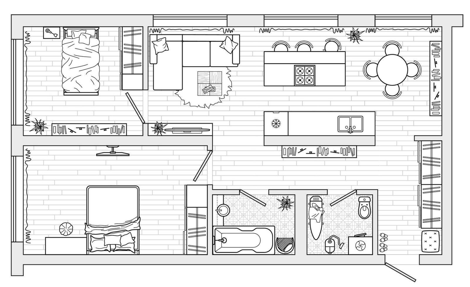Apartment studio, flat or house floor plan. Interior design elements kitchen, bedroom, bathroom living room with furniture. Set of furniture icons for planning. Architecture plan in top view vector