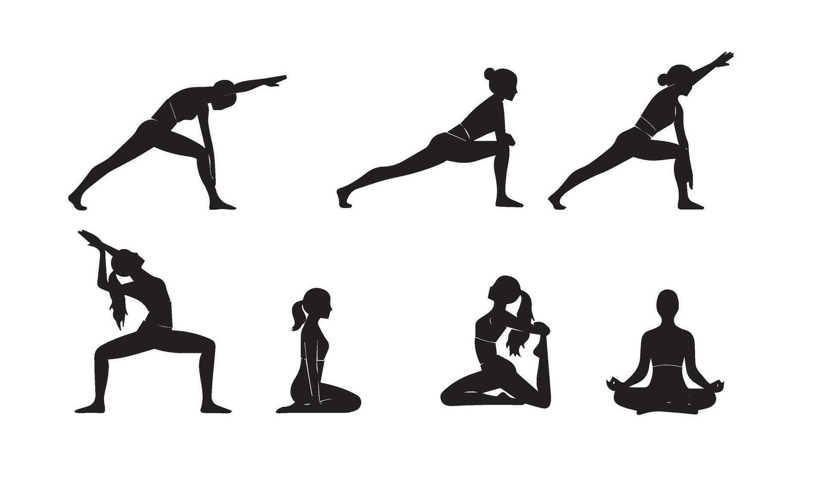 Group Harmony Represented Through Yoga Silhouette Designs Depicting Strength, Flexibility, and Balance Ideal for Health Media Representation vector