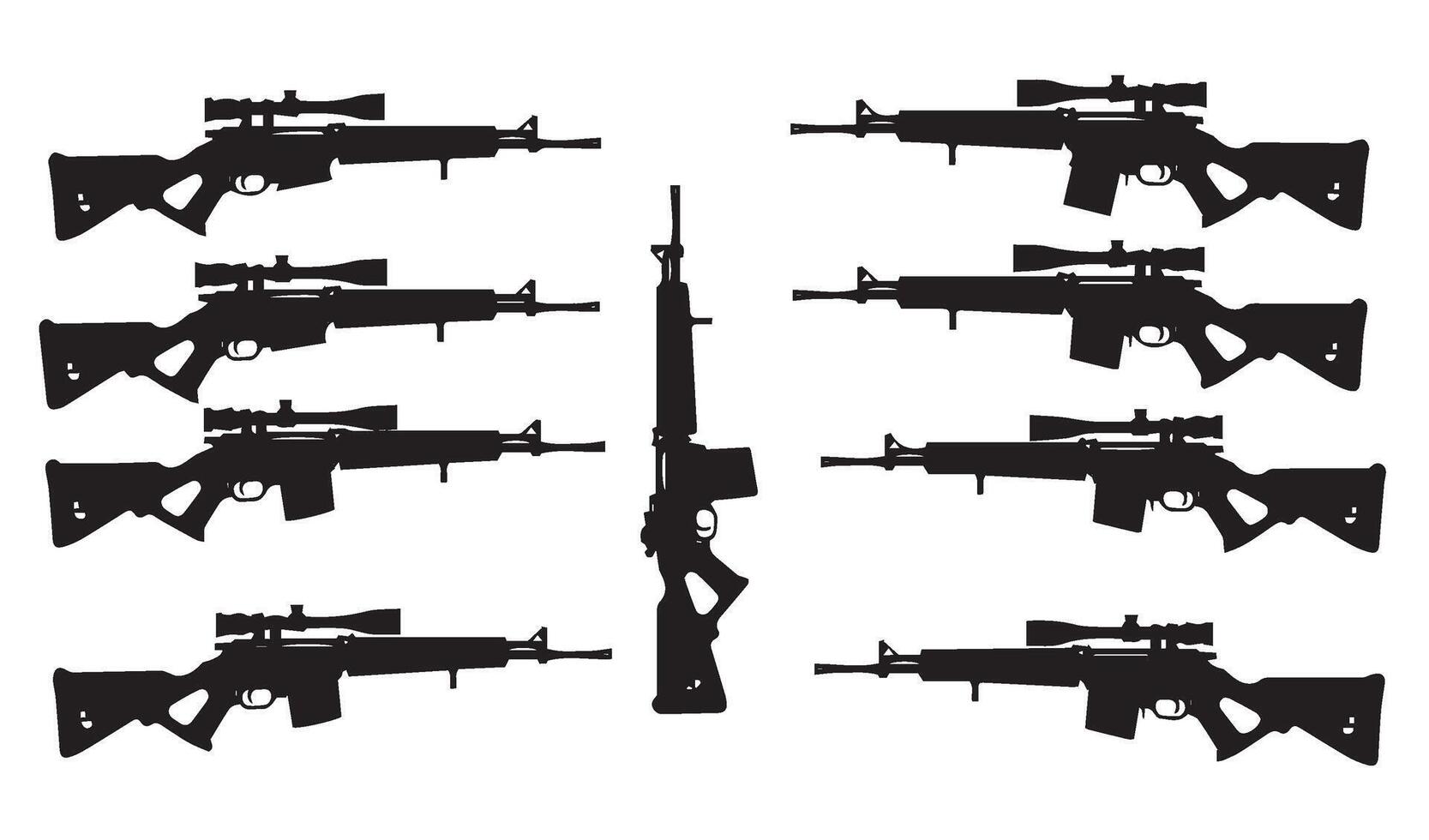 Rifle Silhouette Patterns Arranged in Symmetrical Displays Showcasing Tactical Design Concepts Captured in Artistic Military Styles vector