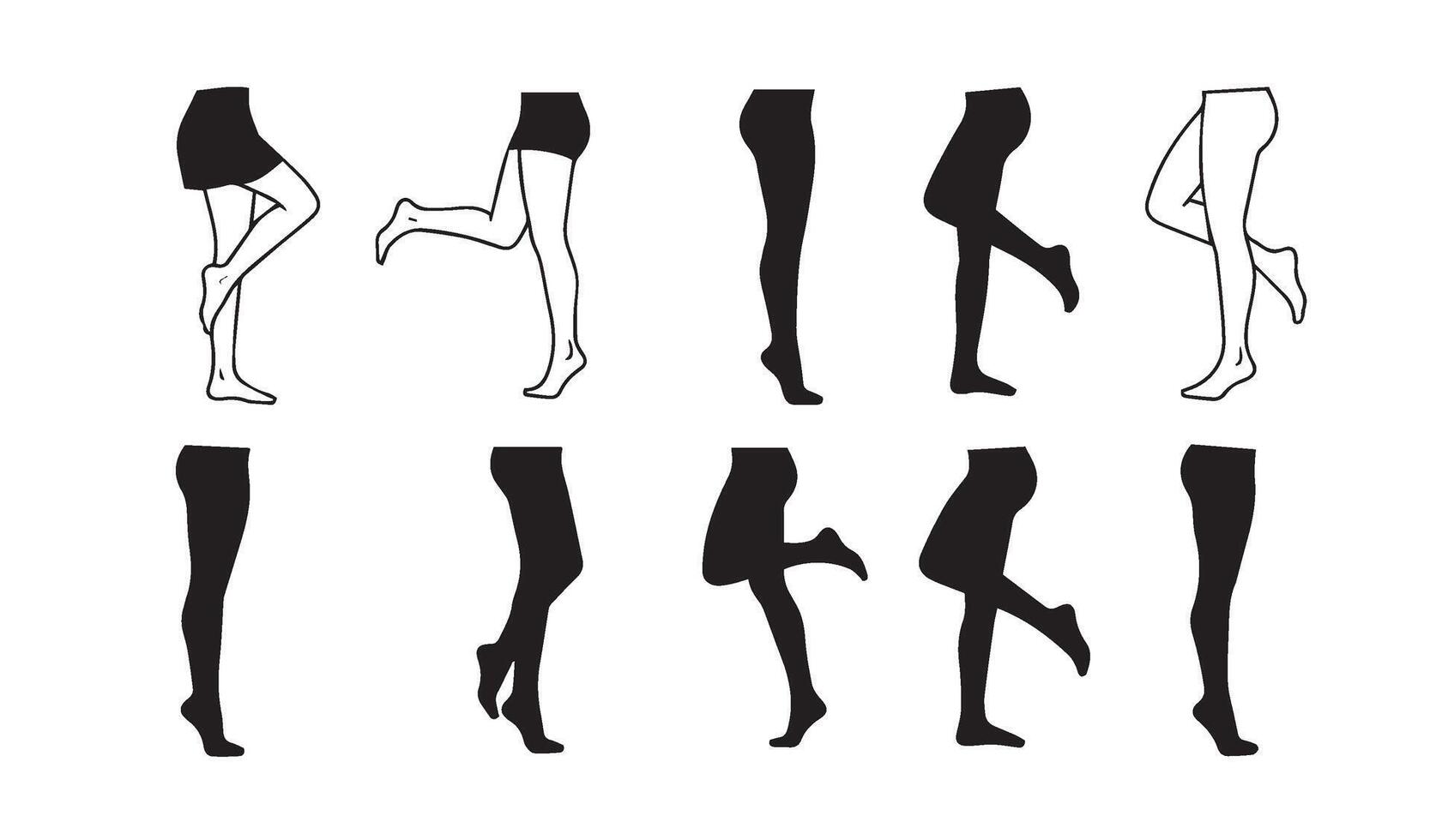 Artistic Black Silhouettes Showcasing Human Legs in Varied Poses Arranged in Grid Layout Highlighting Anatomy, Movement, and Design Creativity vector