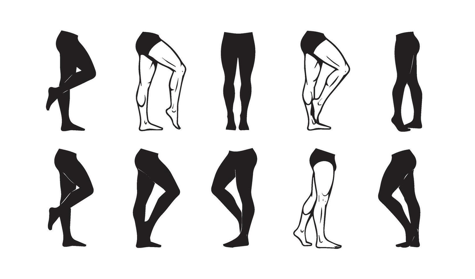 Human Leg Silhouettes Captured Through Varied Poses Highlighting Artistic Representations of Anatomy and Movement Perfect for Design vector