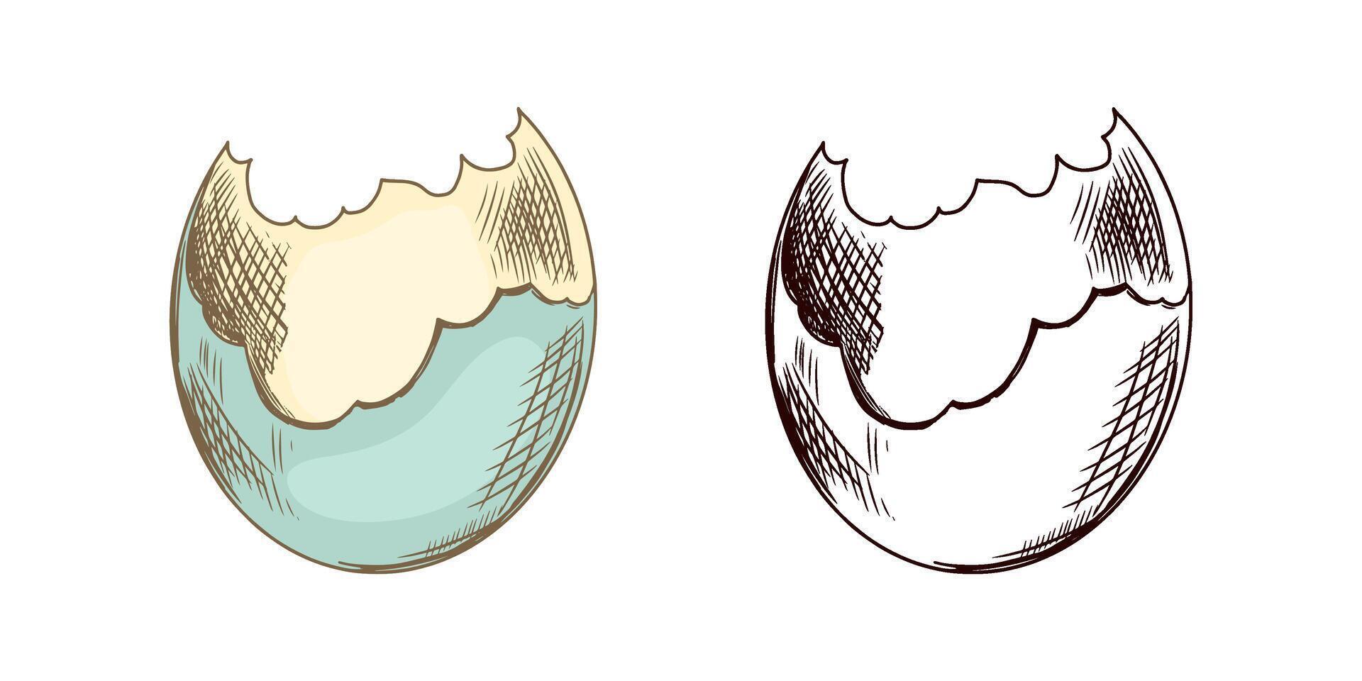 Vintage style colored hand-drawn sketch of a broken Easter egg shell isolated on white vector