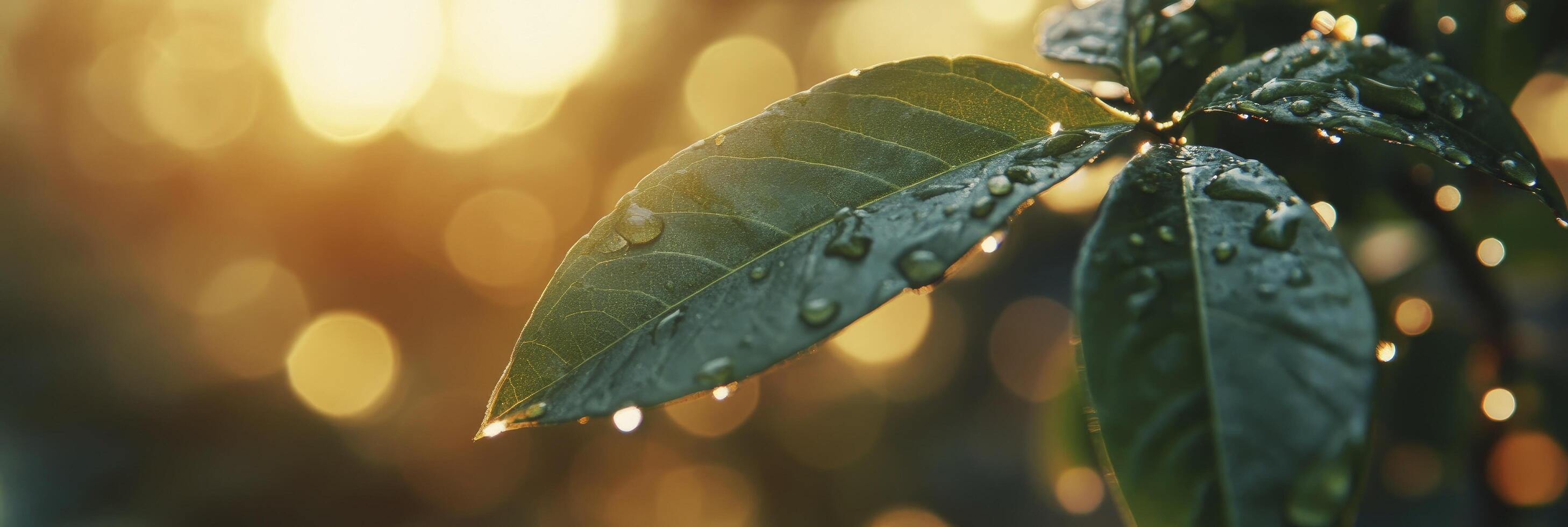 A leaf with water droplets on it in the sun photo
