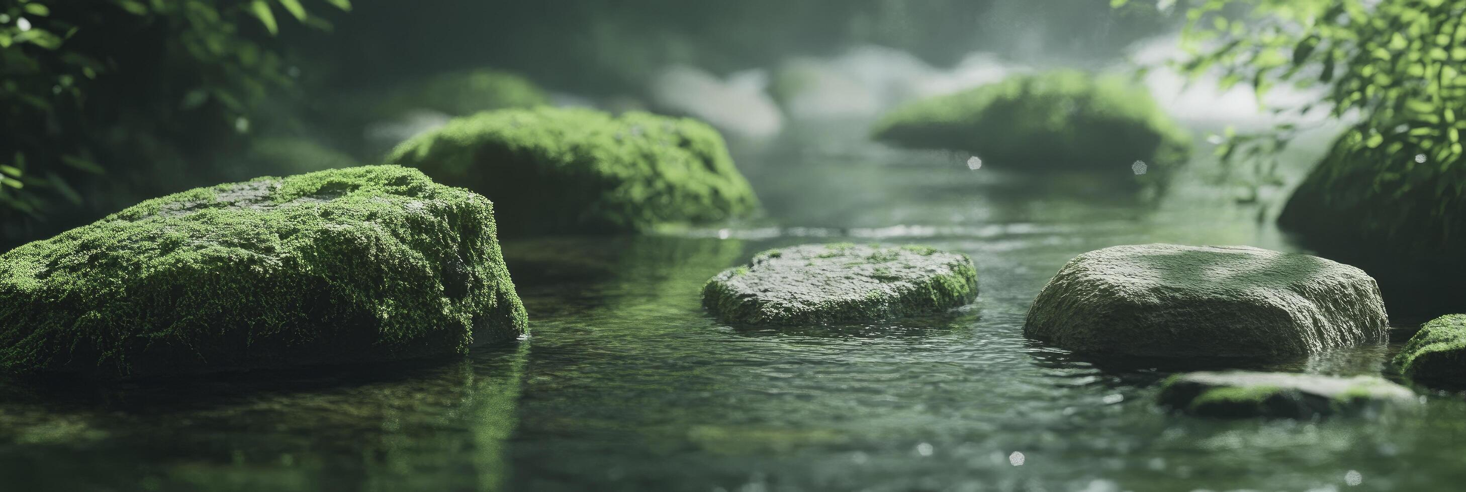 A stream of water with rocks and moss photo