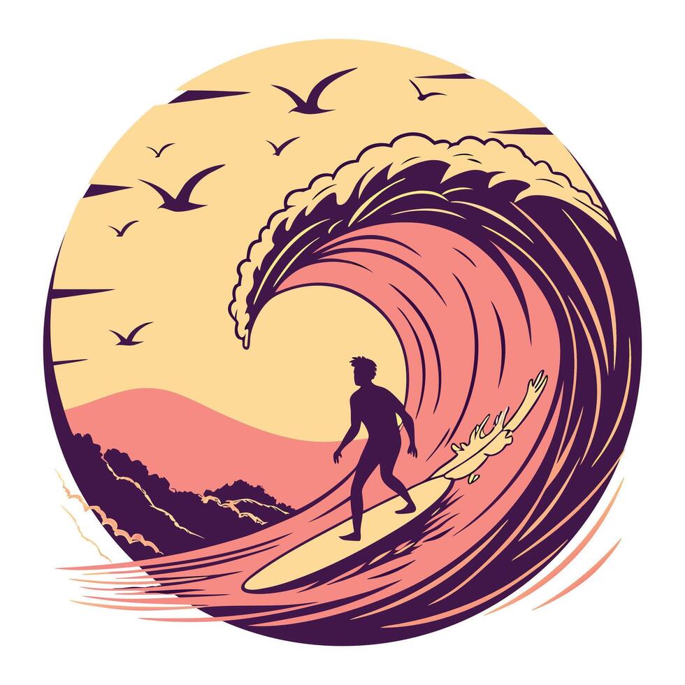 Sunset Surfing Illustration, Surfer Riding a Wave in Retro Beach Art Style vector
