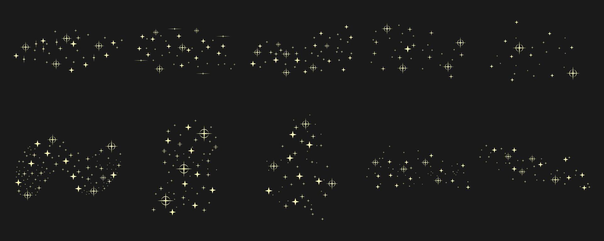 Golden Sparkling Stars Illustration On Black Background Set vector