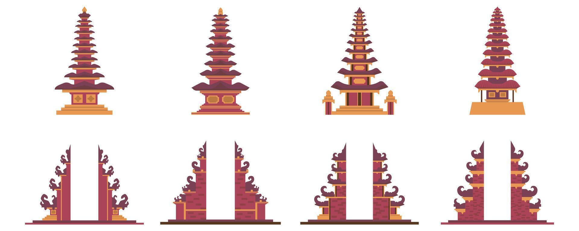 Traditional Balinese Temple Illustration On White Background Set vector