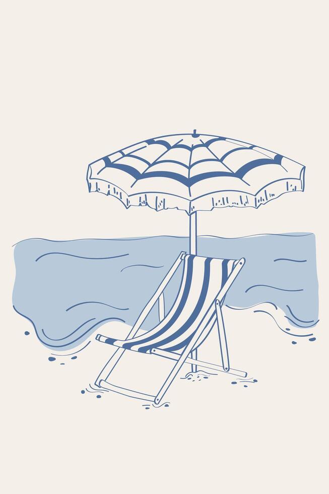 Doodle style illustration Beach scene with umbrella, chair and ocean.Sea, calm, beach. Poster sketch, retro style. vector