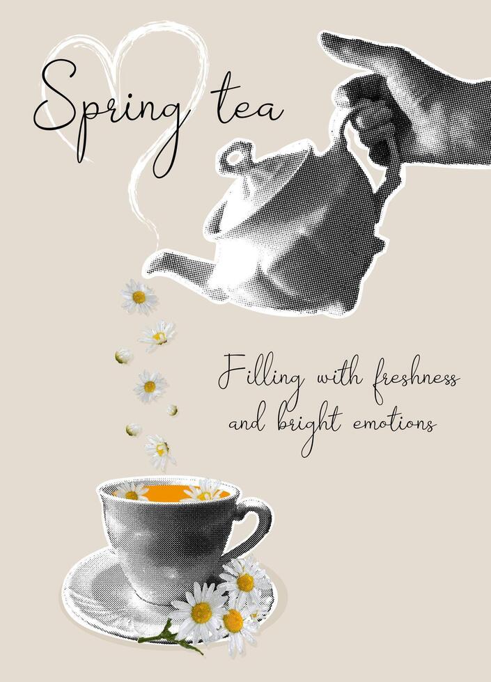 Trendy halftone collage. Spring tea-filling with freshness and bright emotions. The concept of aromatic herbal tea, enjoyment, wellness, tranquility, tea tradition. illustration vector
