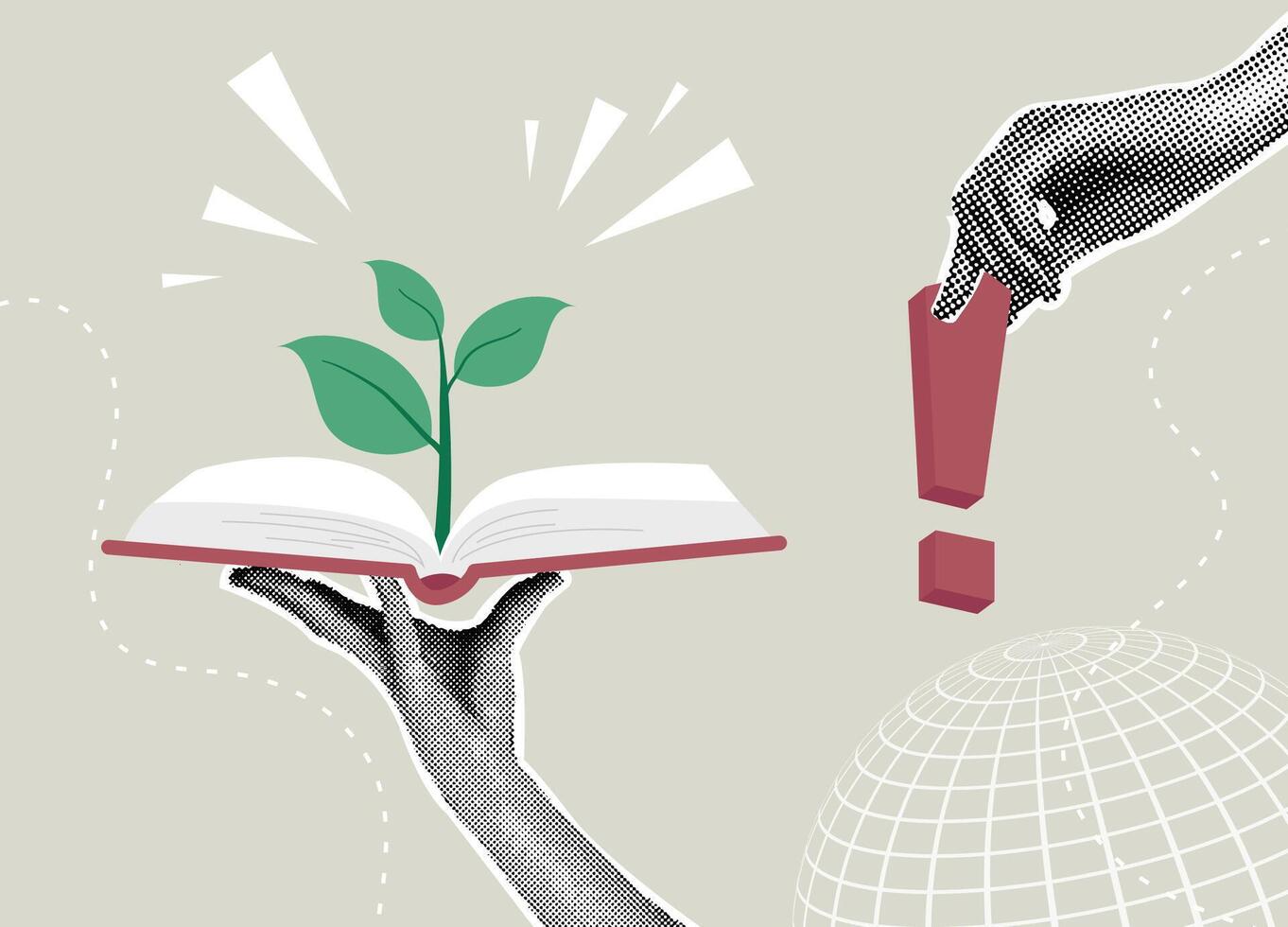 Trendy halftone collage. Education, growth and knowledge. Sprout of inspiration. The concept of learning, the pursuit of new knowledge, reading. illustration vector