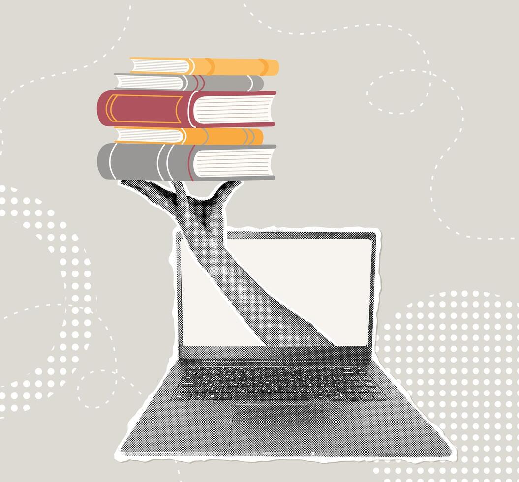 Trendy halftone collage.Concept of online learning and digital books, online library,online education with workspace. Creative illustration vector