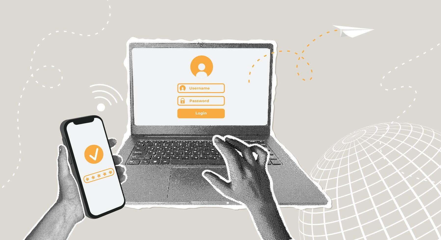 Fashionable halftone collage. Secure login and two-factor authentication on laptop and smartphone. Password verification concept with two factor authentication, SMS notification with security code vector