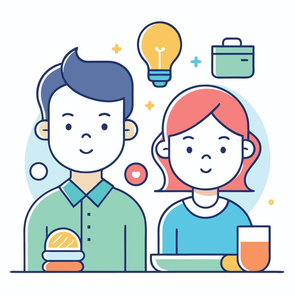 A man and woman are sitting at a table with food and a light bulb vector