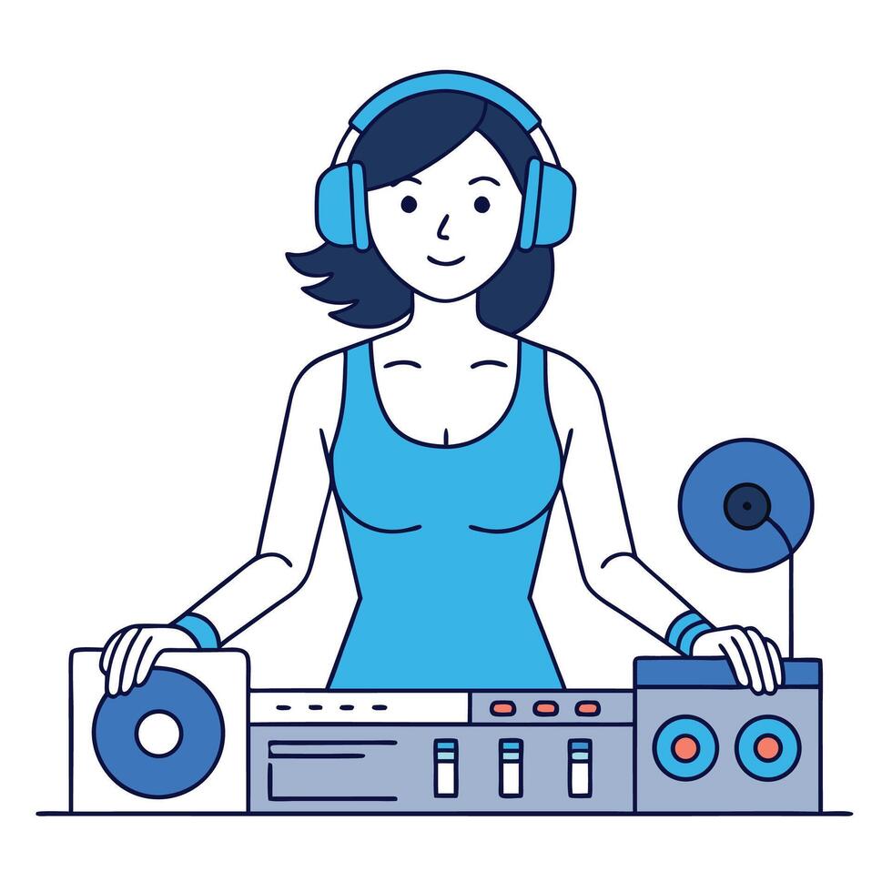 Female DJ with Headphones and Turntable vector