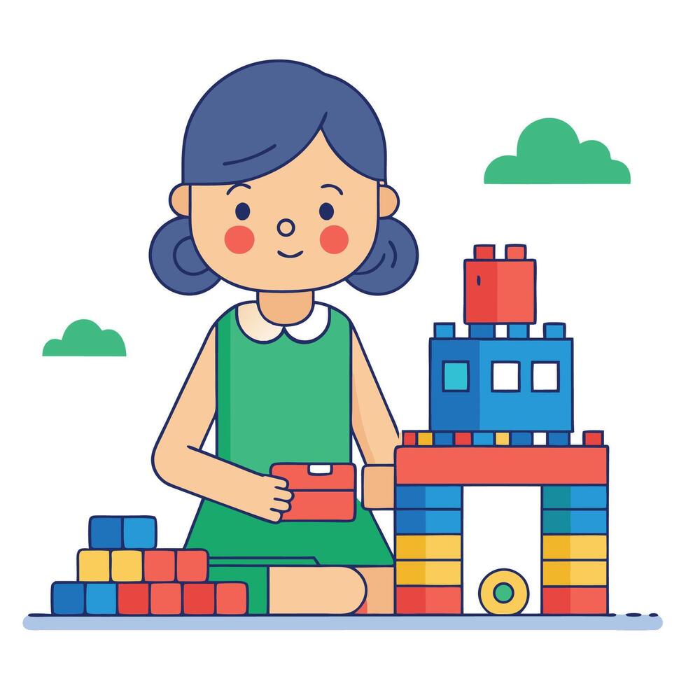 A girl is playing with blocks and building a tower vector