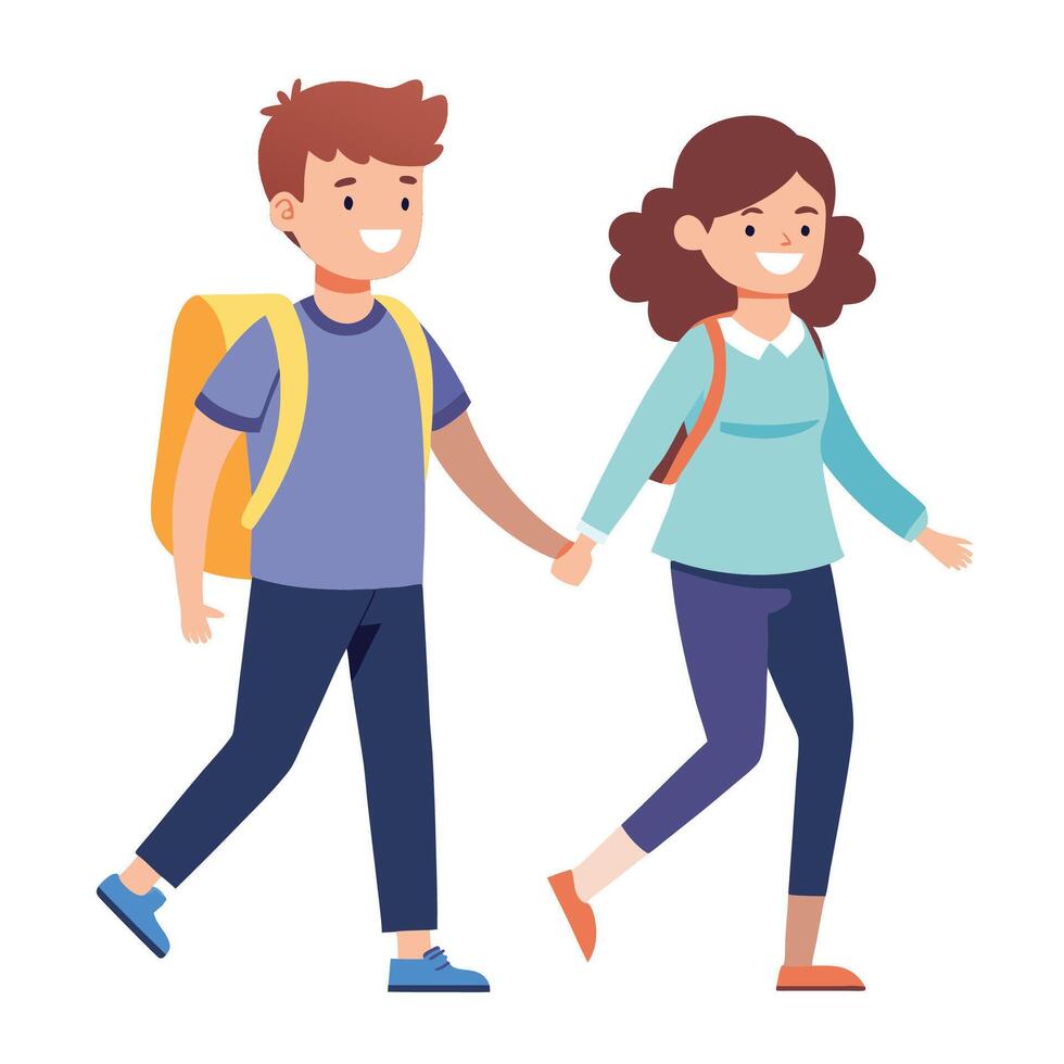 Cute boy and girl walking together illustration vector