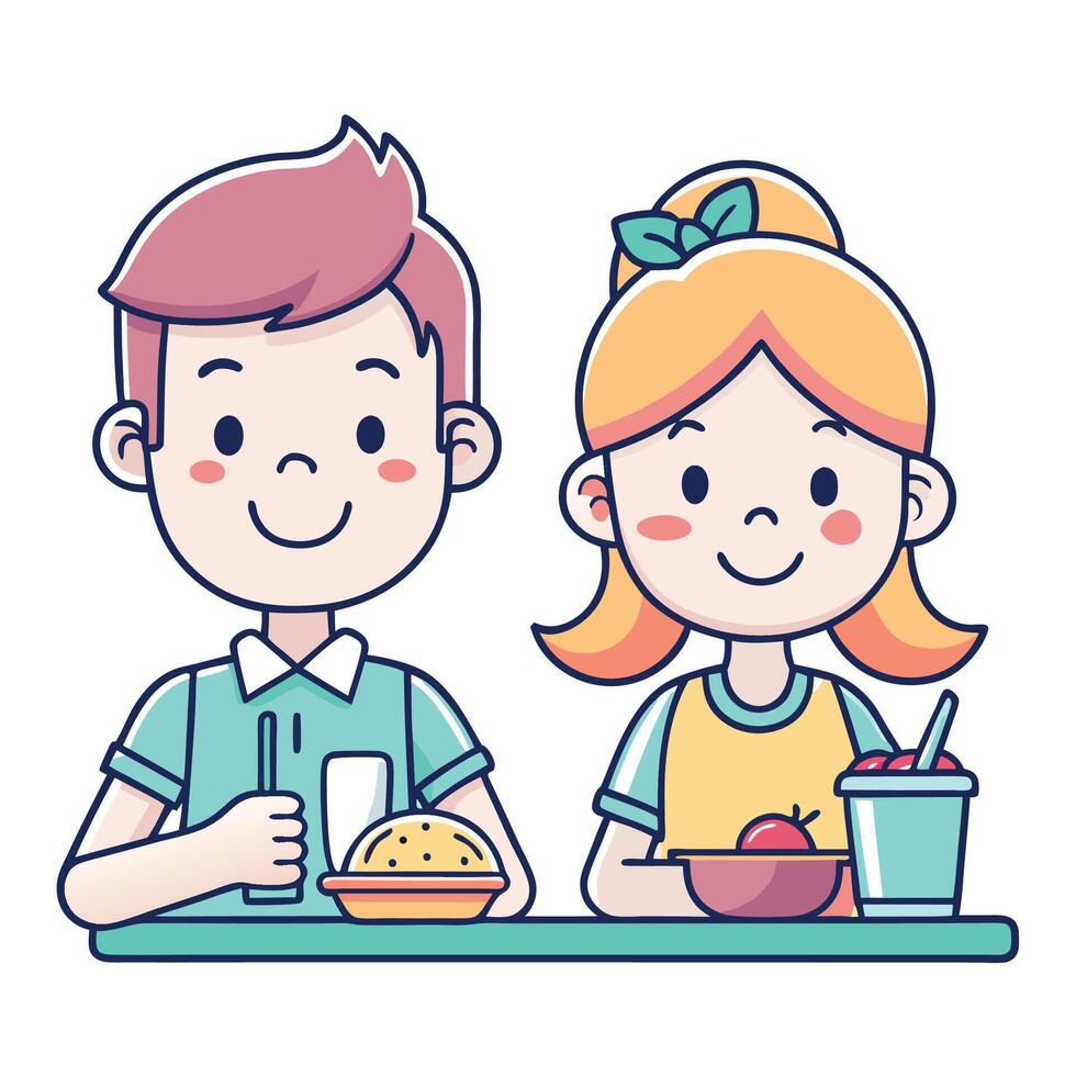 Boy and girl eating lunch at table vector