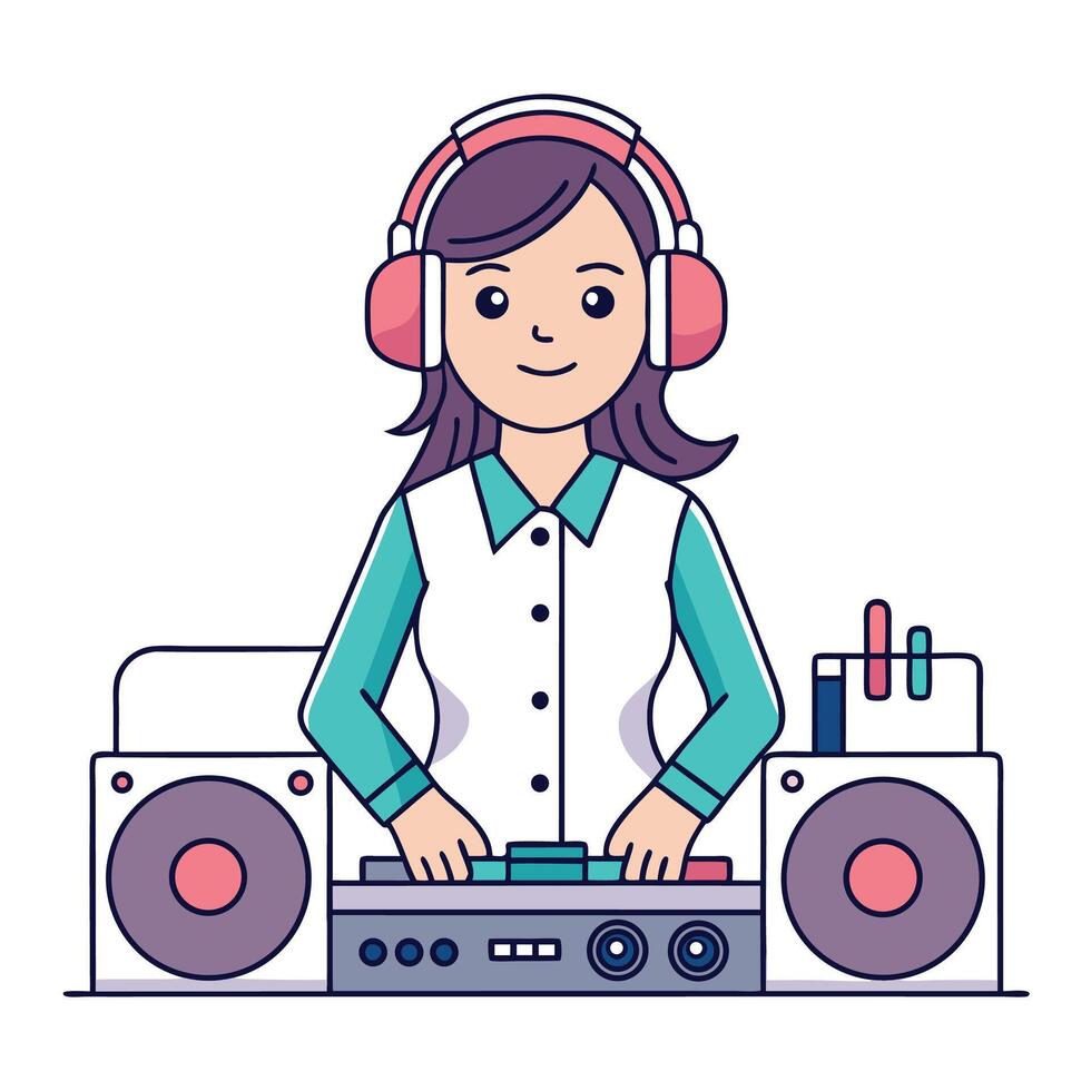 Female DJ with Pink Headphones and Turntable vector