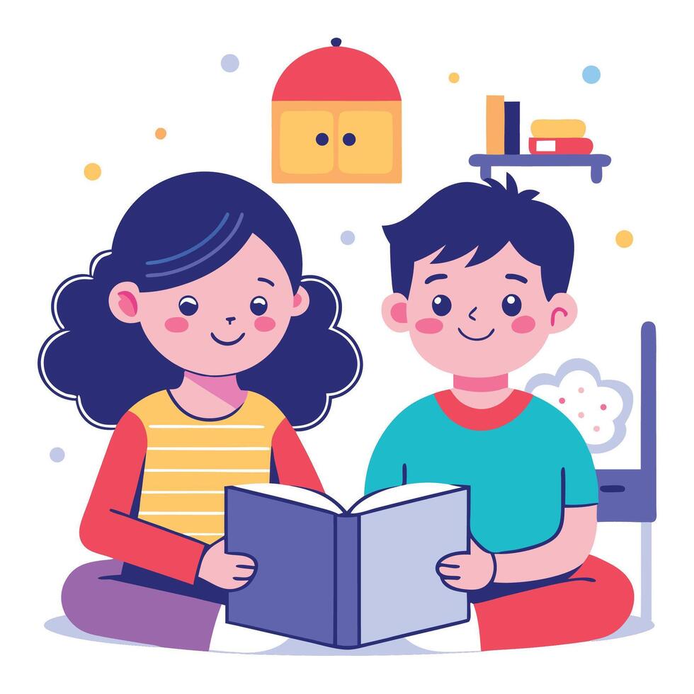 Two children reading a book together vector