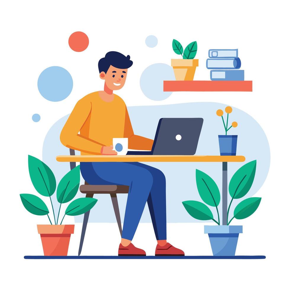 Man working on laptop at desk with plants and books vector
