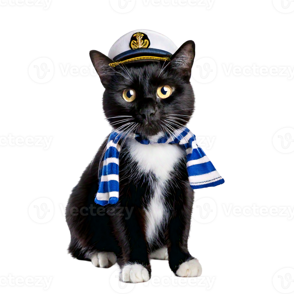 A tuxedo cat in a tiny sailor hat and matching scarf png