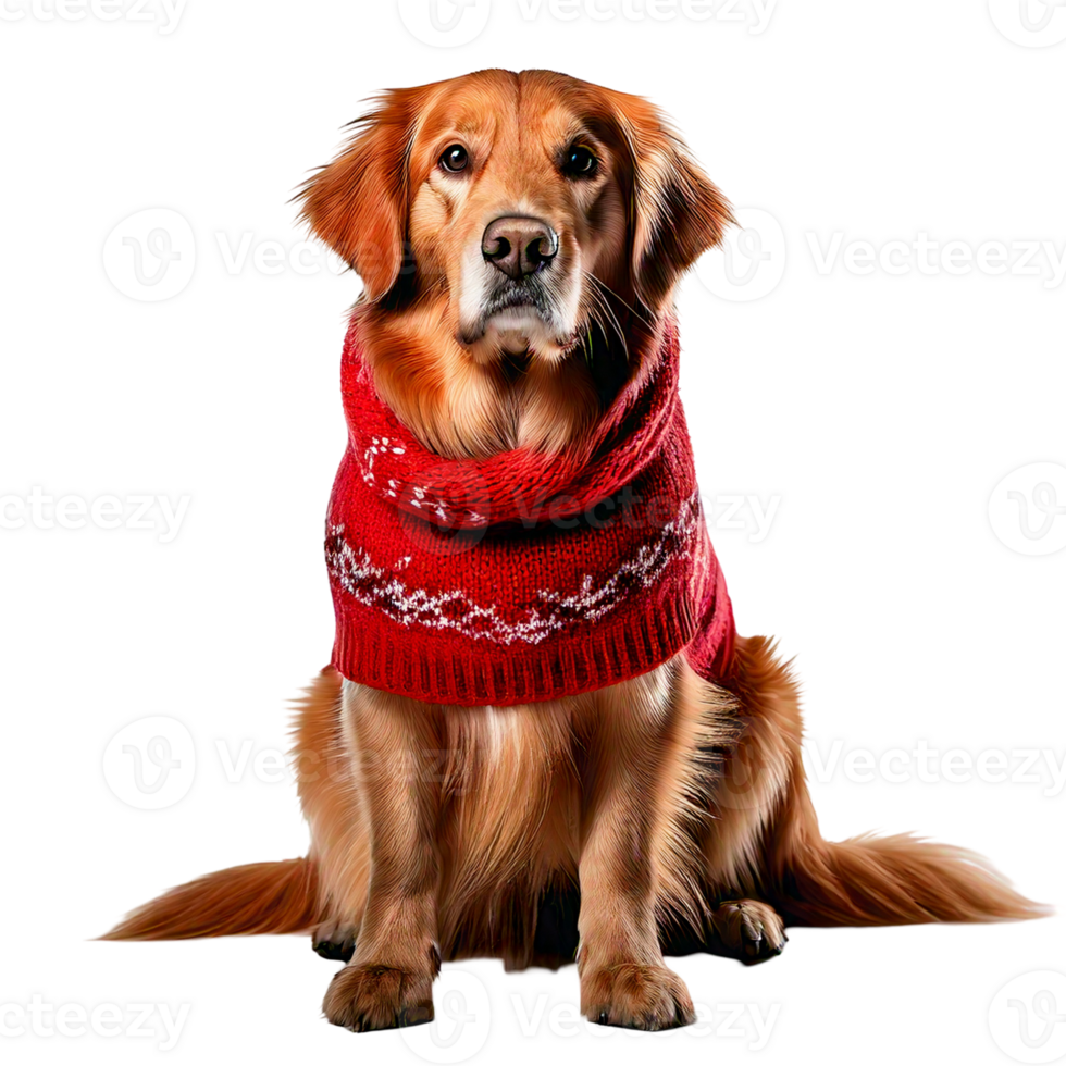 A golden retriever in a cozy winter sweater with a matching scarfs png