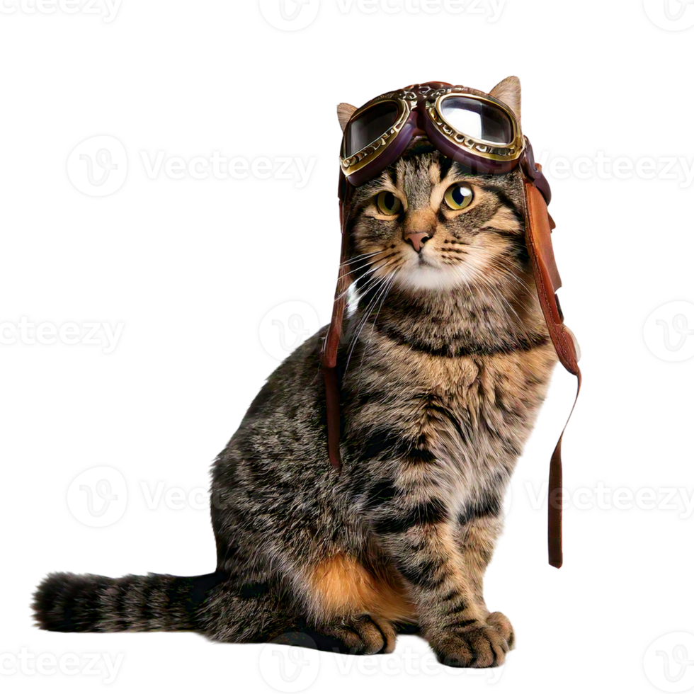 tabby cat in a pilot's cap with tiny goggle png