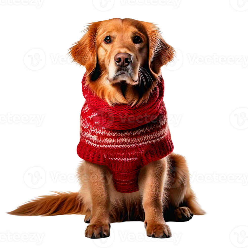 A golden retriever in a cozy winter sweater with a matching scarf png