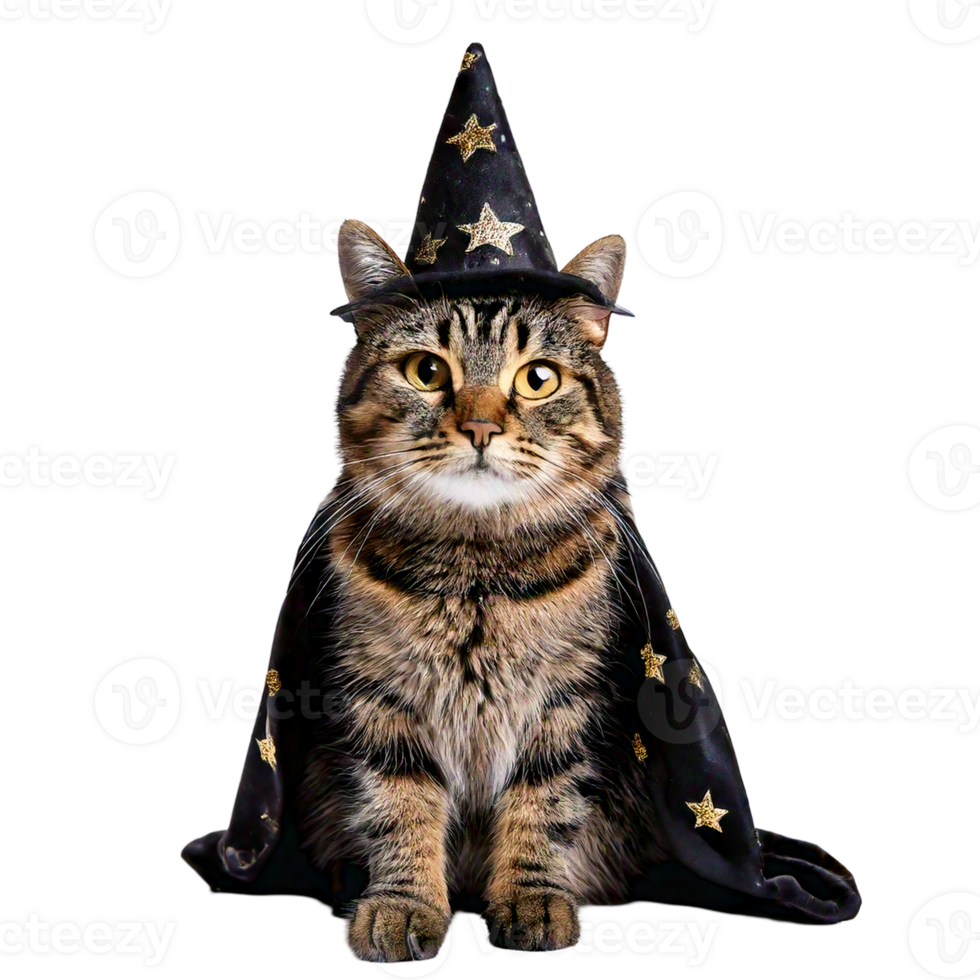 A tabby cat with a tiny wizard hats and a starry cloak. png
