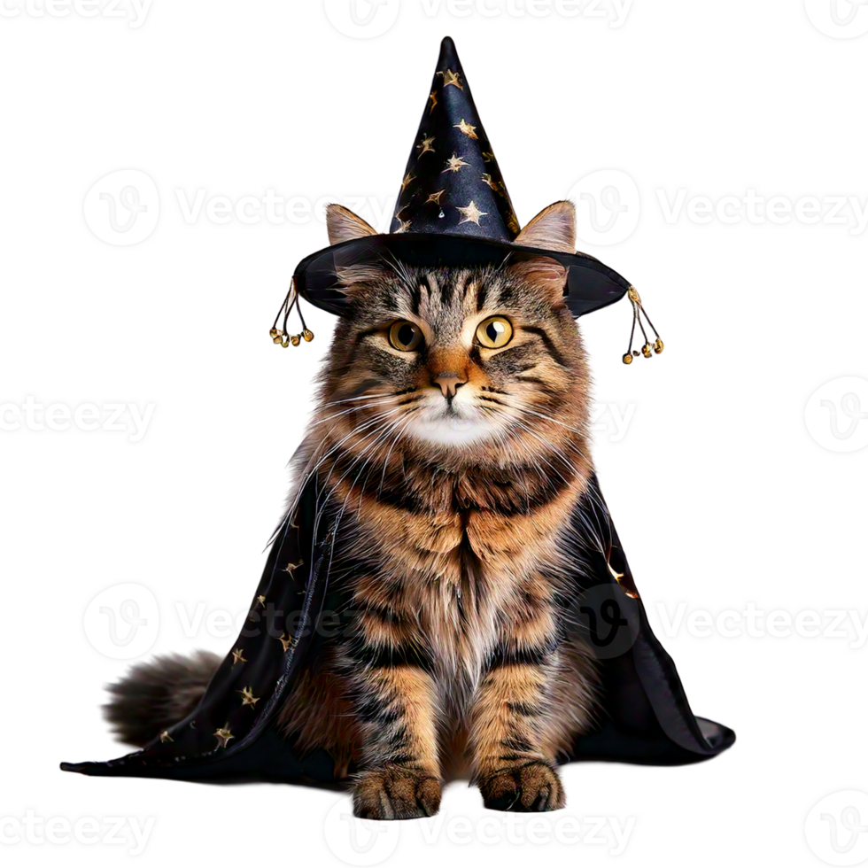 A tabby cat with a tiny wizard hat and a starry cloak. png