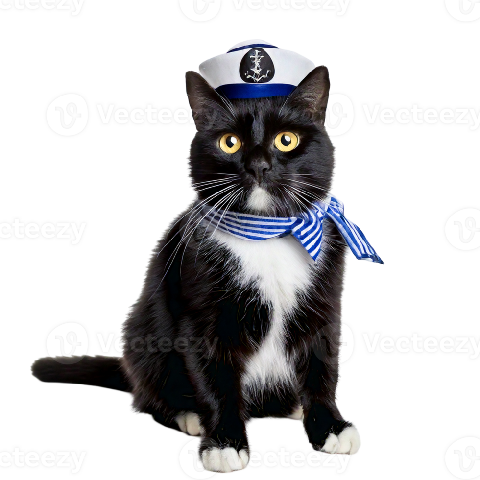 A tuxedo cat in a tiny sailor hats and matching scarf png