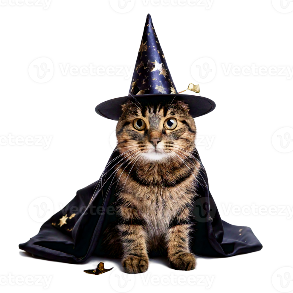cat with a tiny wizard hat and a starry cloak png