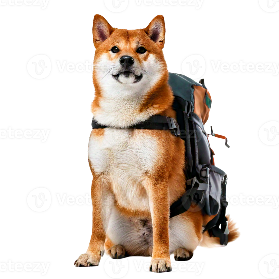 A Shiba Inu wearing a small adventure backpack, ready for a hike png