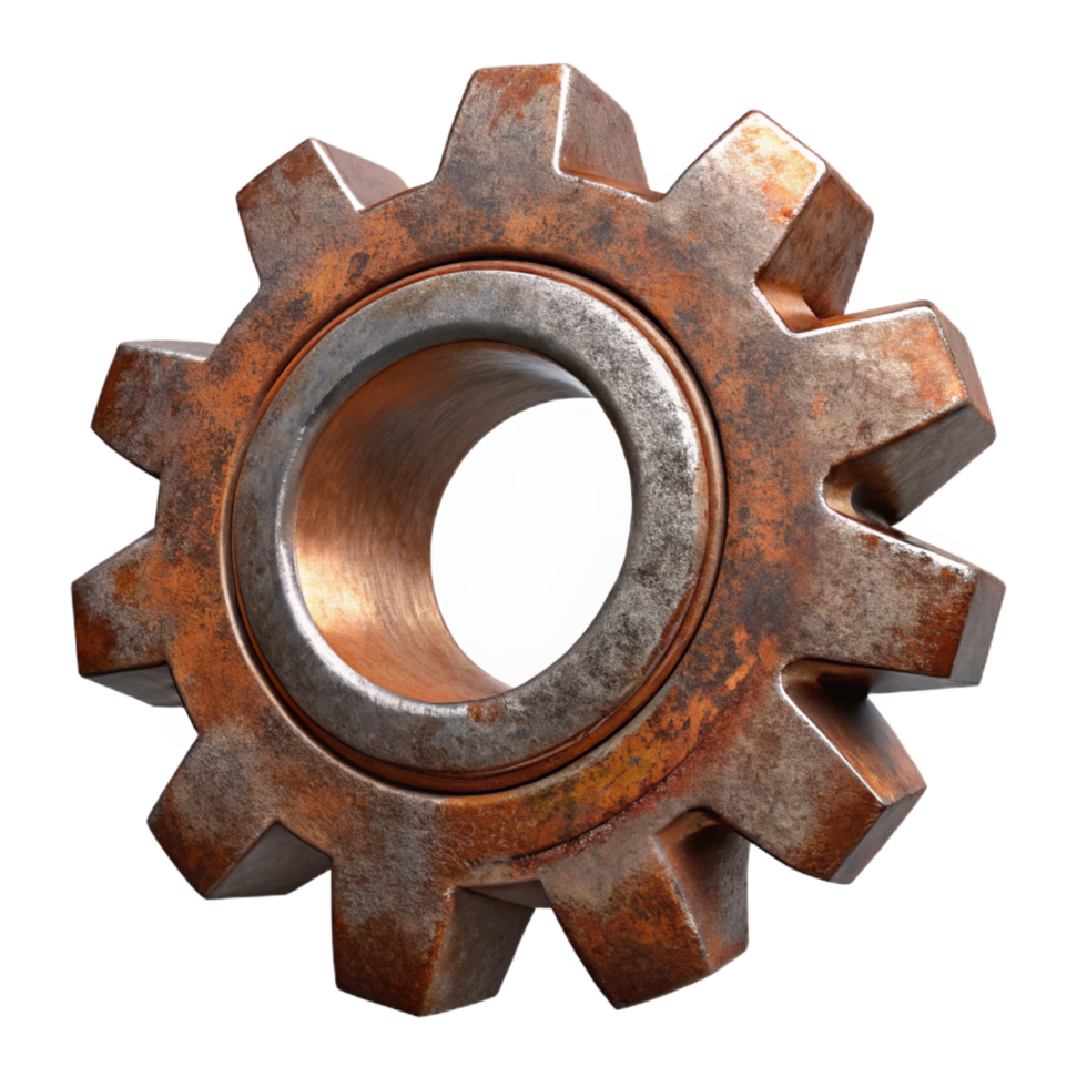 elegant whimsical creative A rusty metal gear, NO BACKGROUND with Transparent Background. expertly shot png