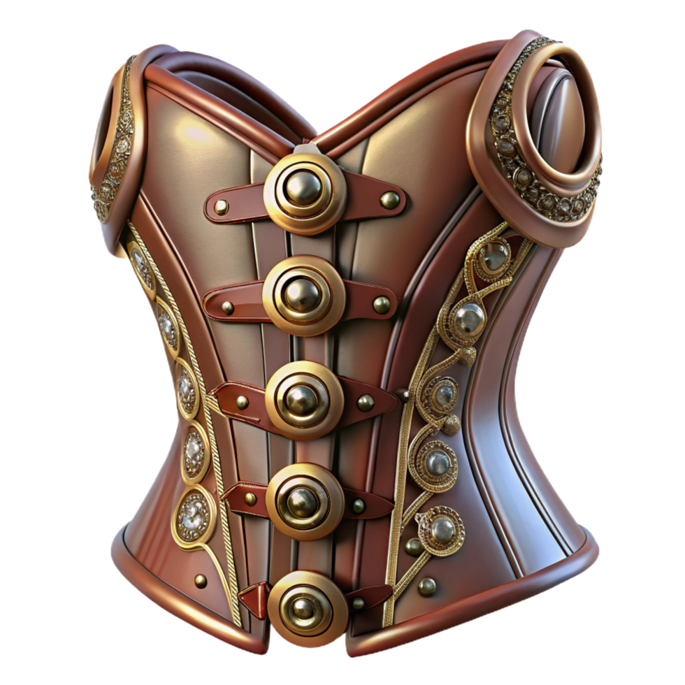 distinguished impressionist Steampunk corset with intricate lacing and metallic embellishments. NO BACKGROUND with Transparent Background. perfect clarity png