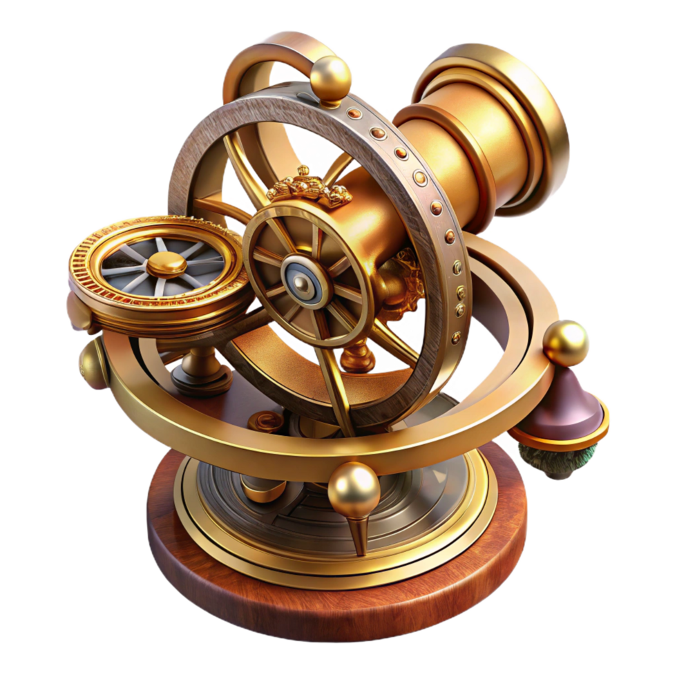 hypnotic elegant Steampunk astrolabe with intricate markings and rotating discs. NO BACKGROUND with Transparent Background. original png