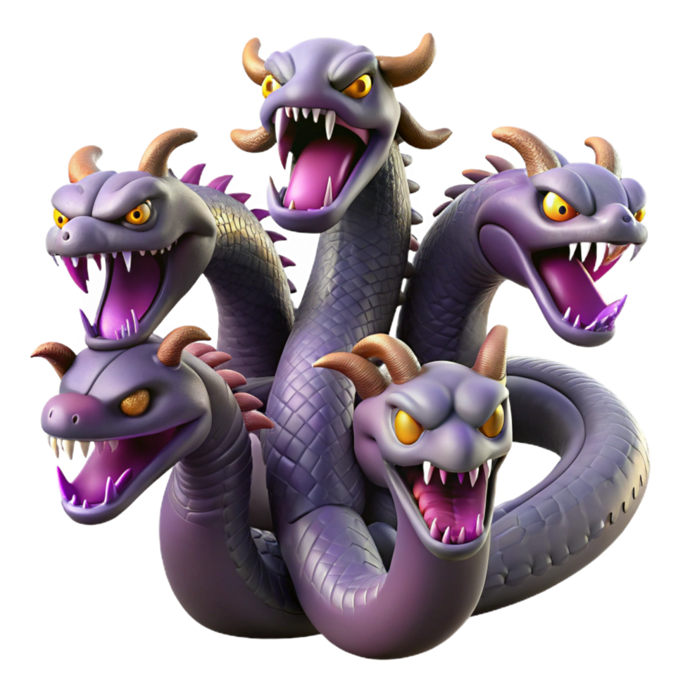hypnotic art deco A fearsome hydra, with multiple heads, NO BACKGROUND with Transparent Background. high quality png