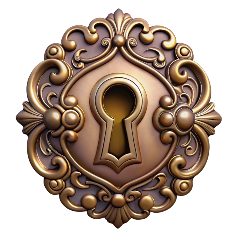 dramatic majestic Antique keyhole escutcheon, ornate design, NO BACKGROUND with Transparent Background. refined png