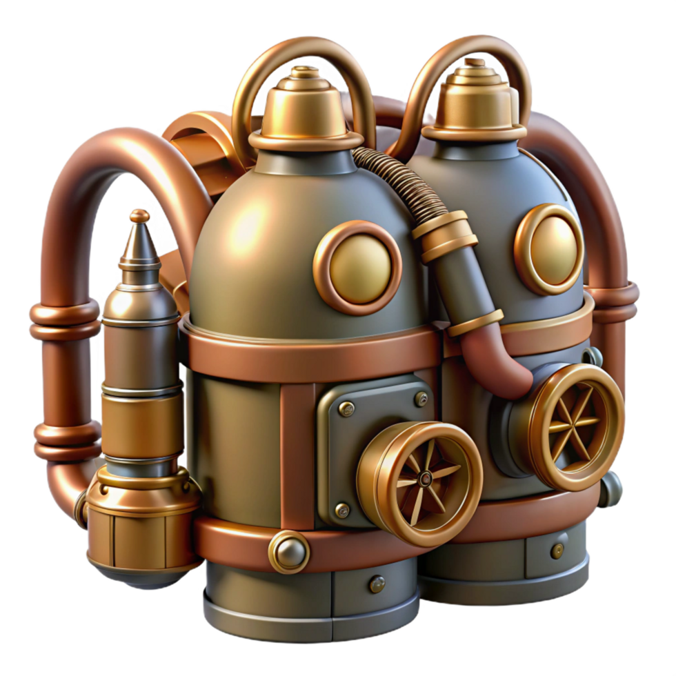 captivating distinctive Steampunk jetpack with miniature steam engines and copper pipes. NO BACKGROUND with Transparent Background. png