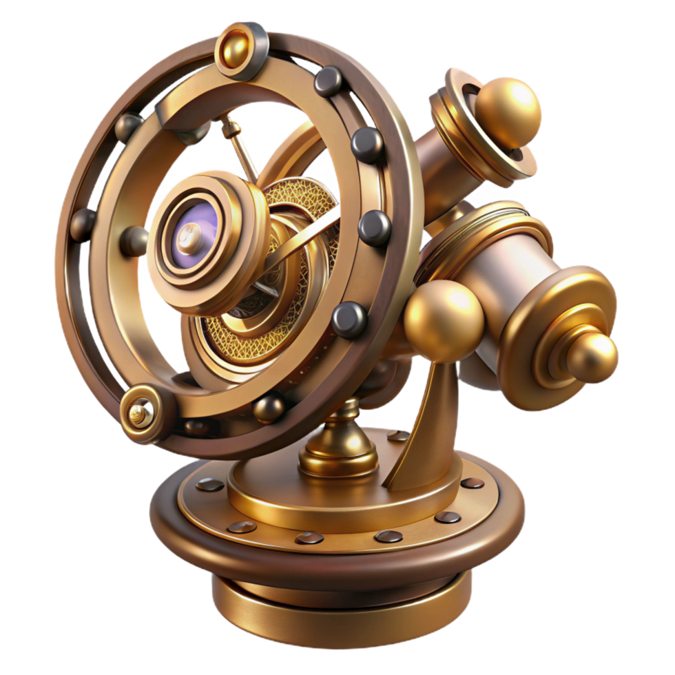 alluring minimalist Steampunk astrolabe with intricate markings and rotating discs. NO BACKGROUND with Transparent Background. high quality png
