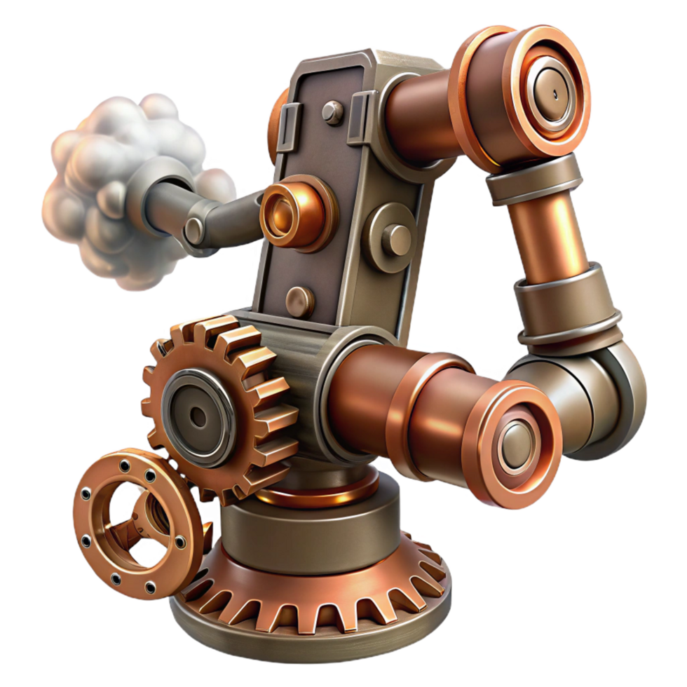 calm hypnotic Steampunk robotic arm with exposed gears and steam vents. NO BACKGROUND with Transparent Background. artisan png